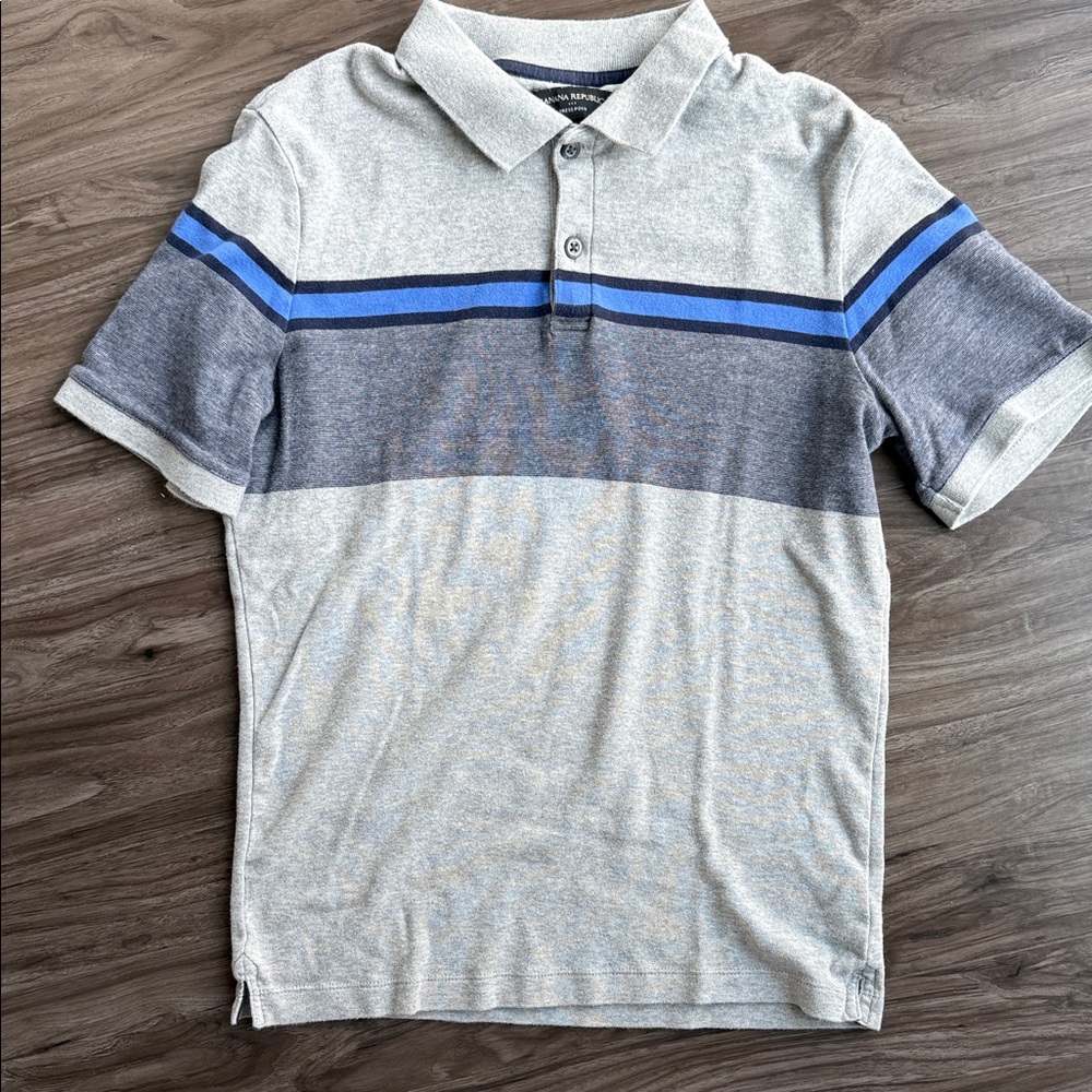 Banana Republic Men's Gray and Blue Striped Polo Shirt